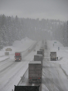 Winter driving on I-84 at Meacham Hill Oregon